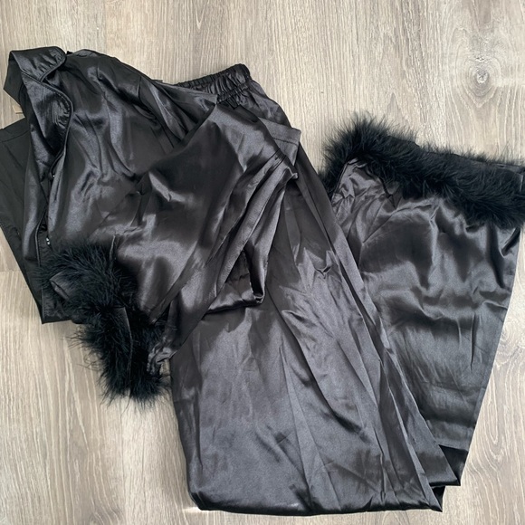 NWT night Black Satin Pajama Set With Feather Trim 8 - Picture 5 of 5